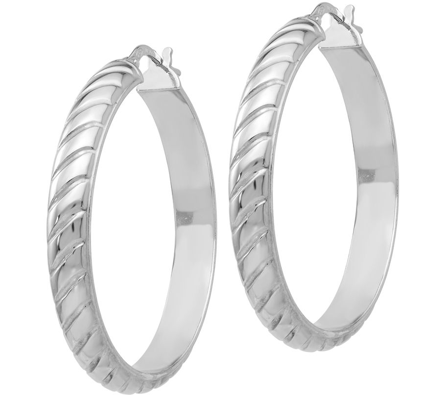 Italian Silver Textured Hoop 1-3/8 Earrings, S terling