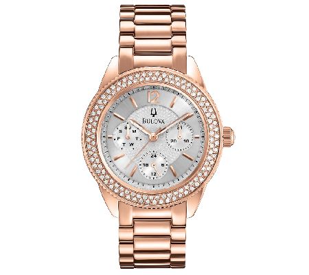 Bulova Ladies Rosetone Crystal Accented Bracelet Watch