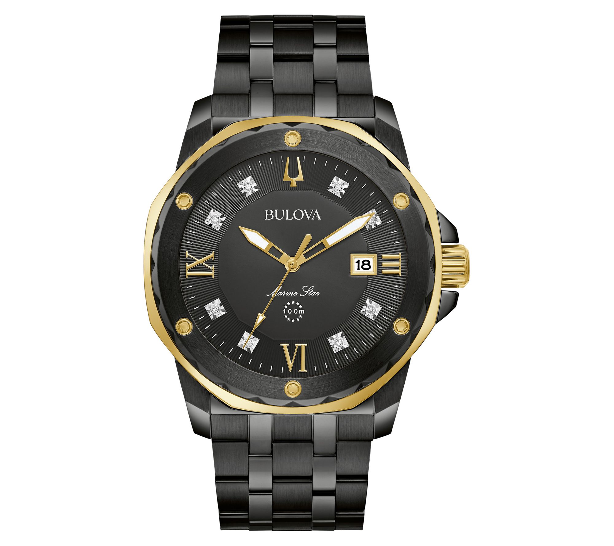 Bulova Men's Stainless Black Marine Star Diamon Watch