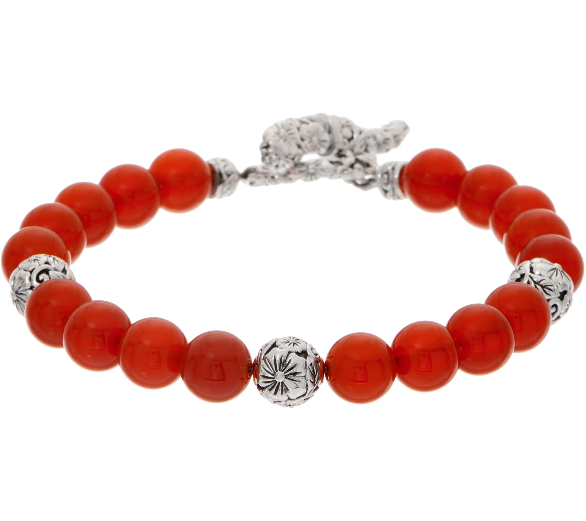 JAI Sterling Silver Carved Floral Gemstone Bead Bracelet