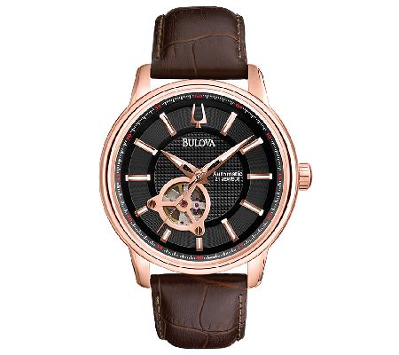 Bulova Mens Automatic Brown Leather Strap Watc h