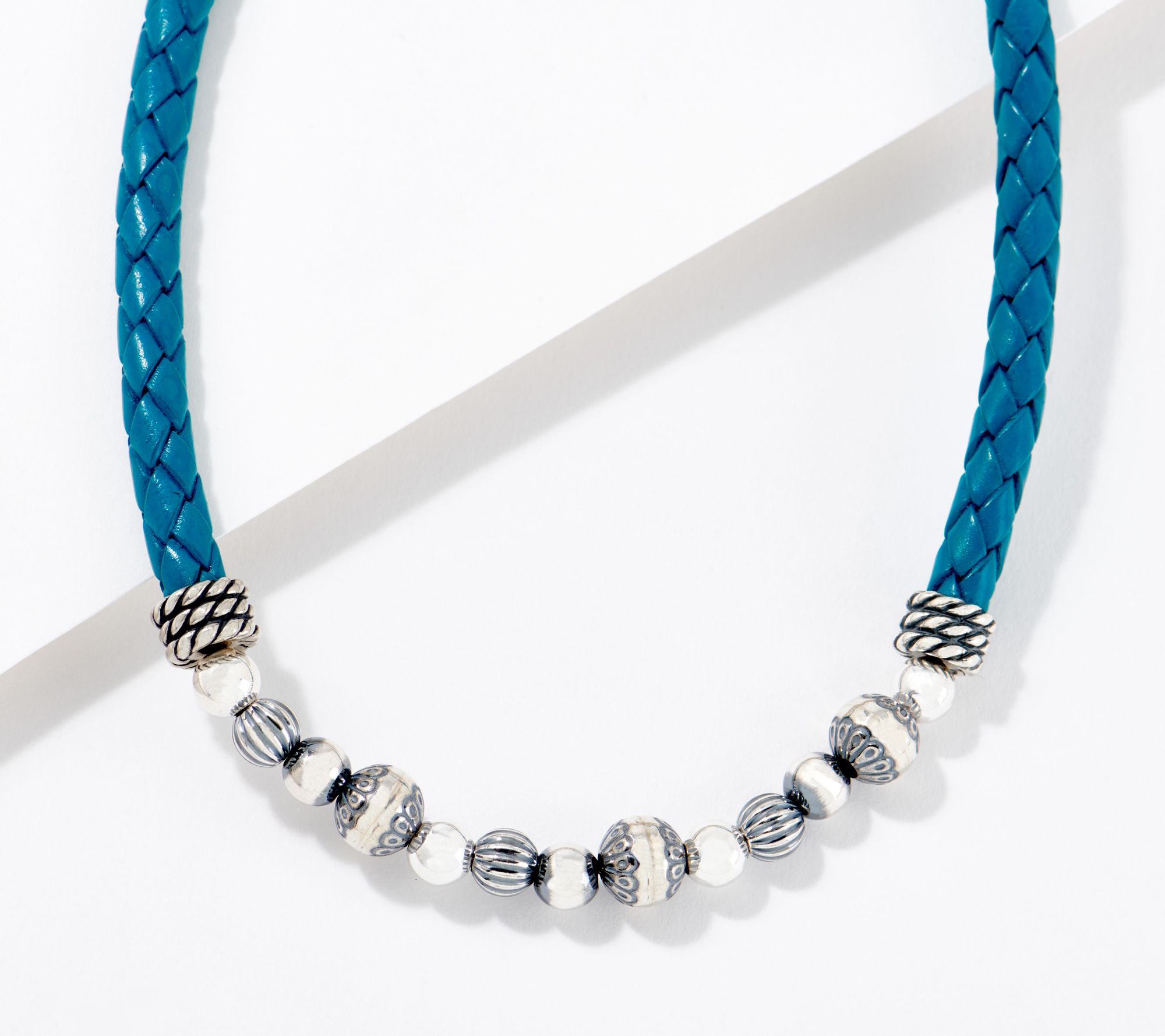 American West Braided Leather Sterling Silver Bead Necklace