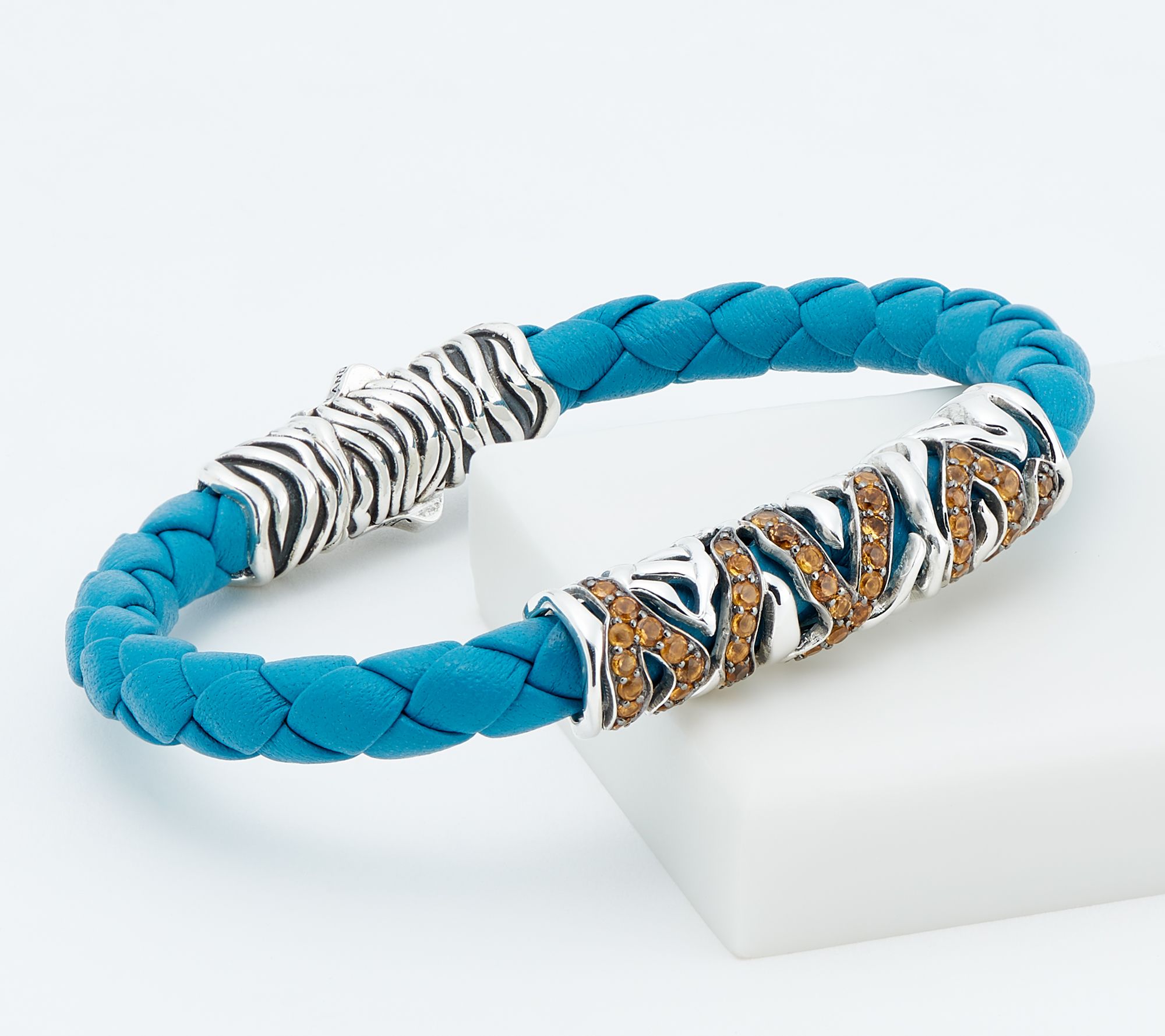 JAI Sterling Silver Leather and Gemstone Tiger Stripe Bracelet