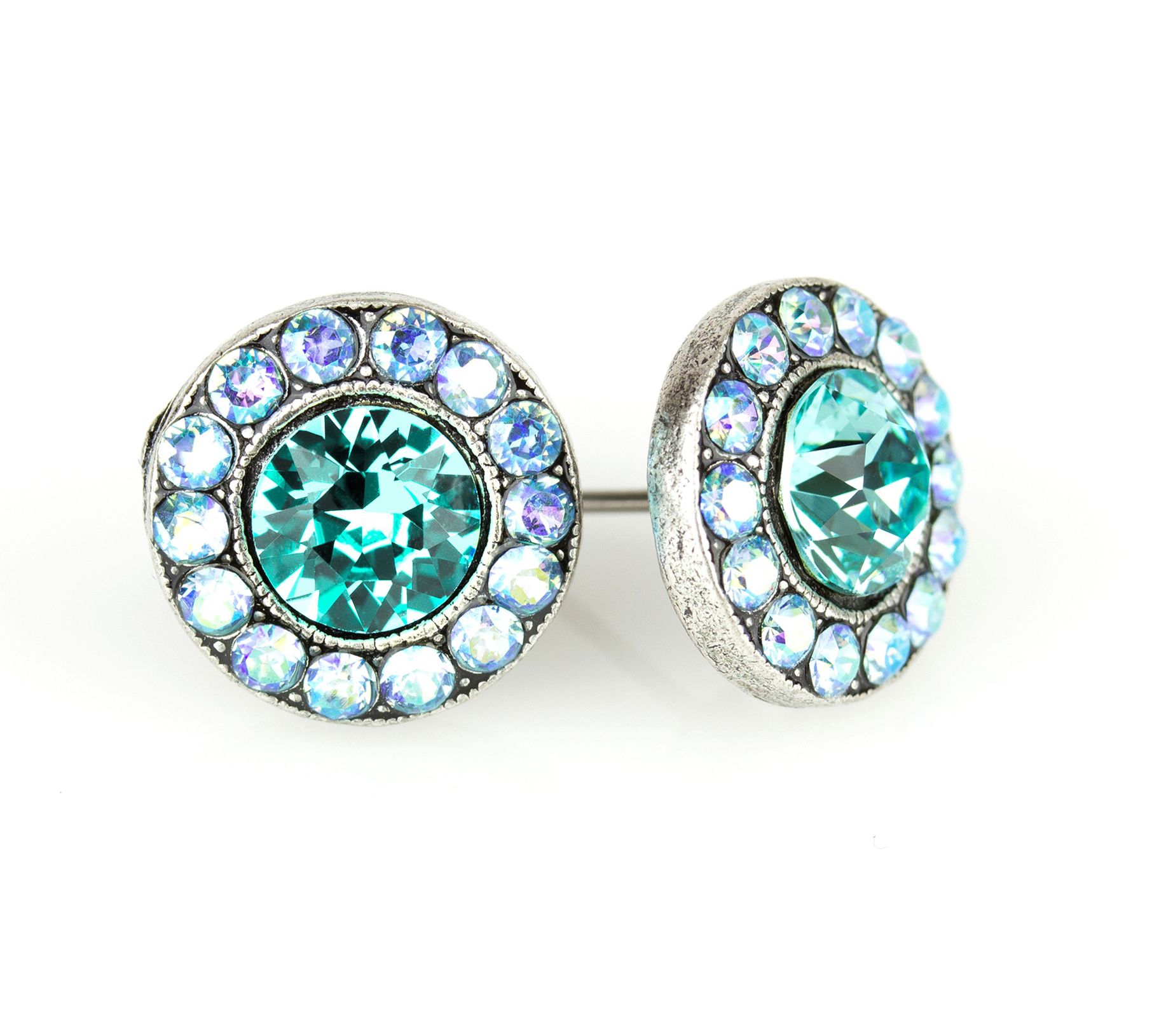 Anne Koplik Aqua Crystal Halo Button Earrings