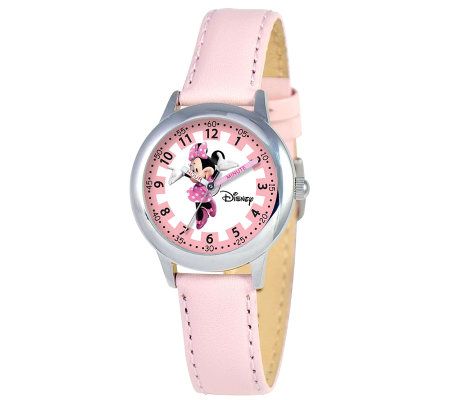 Disney Kids Minnie Mouse Pink Leather Band Time Teacher Watch