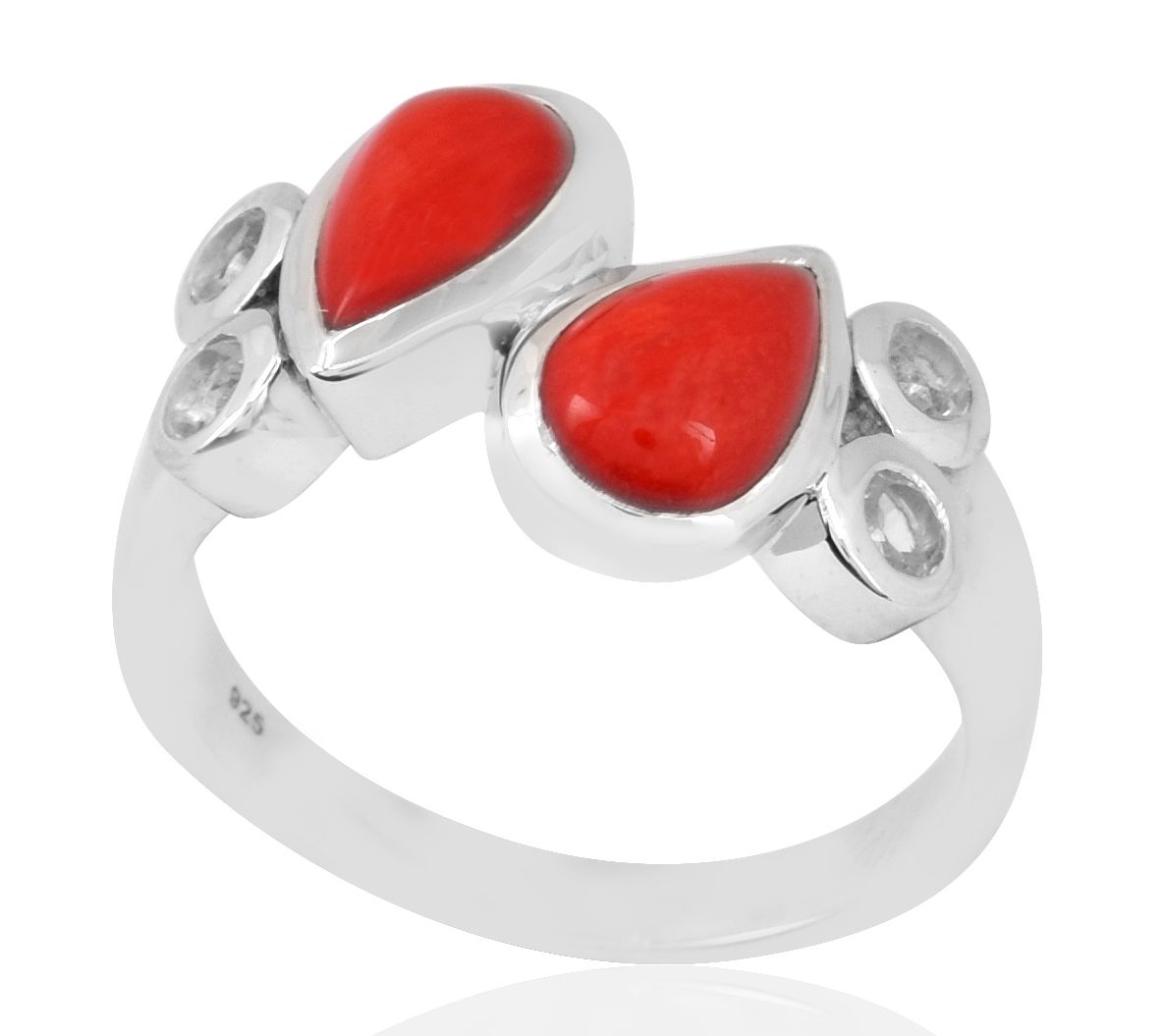 Sterling Silver Pear Shaped Red Coral & Crystal Ring