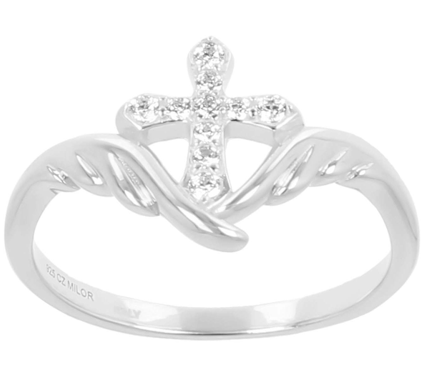Diamonique Polished Cross & Wings Band Ring, Sterling Silver