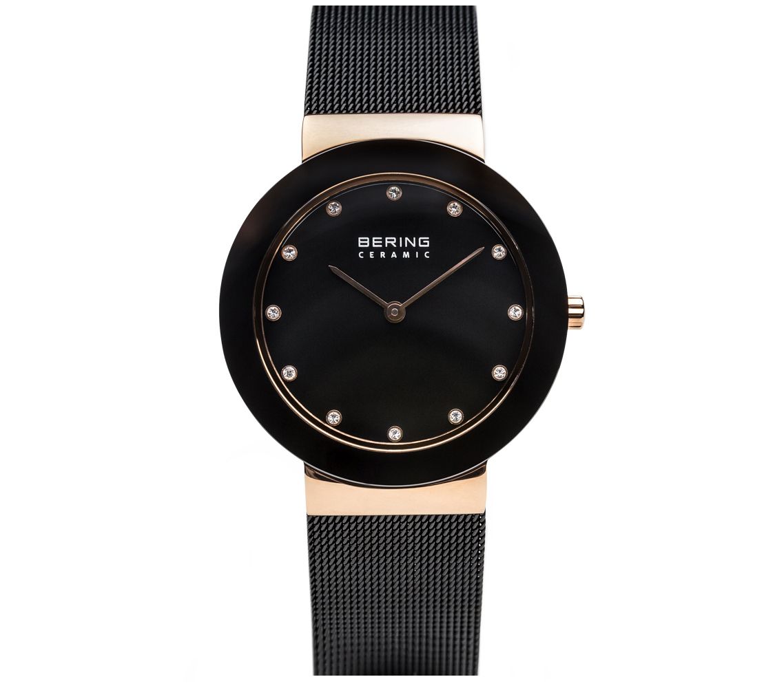 Bering Womens Rosetone & Black Mesh Bracelet W atch