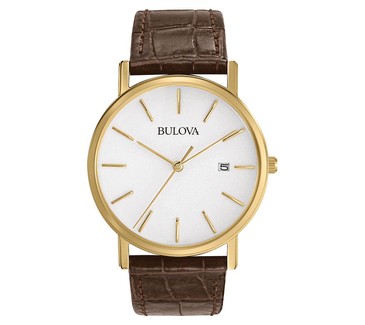 Bulova Men's Goldtone Stainless Brown Leather S rap Watch