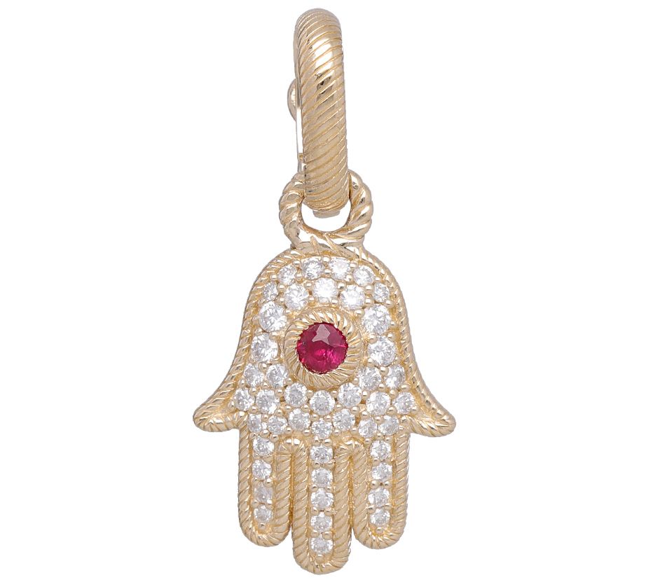 JUDITH Classic Diamond & Ruby Hamsa Pendant, 14 K Gold