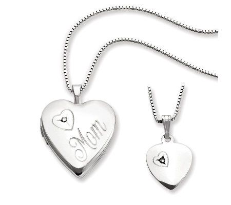 Sterling Polished Mom Heart Locket & Childs Pendant Set