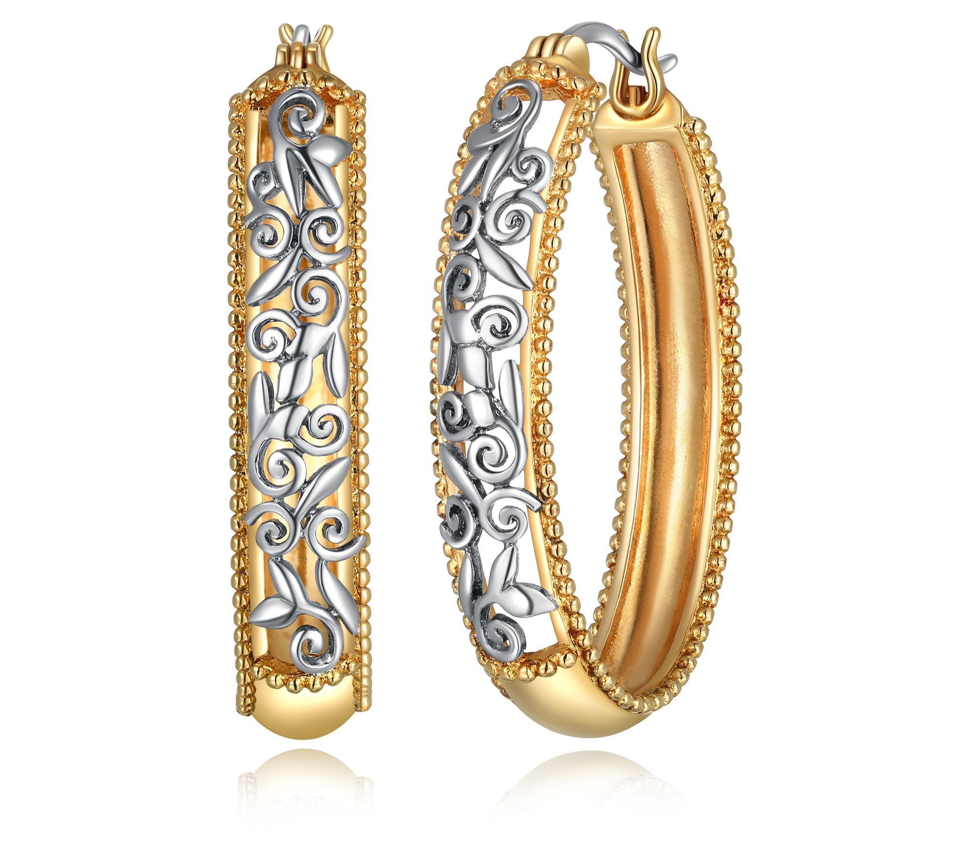 Silver Style Two-Tone Filigree Cut Out Hoop Ear ings, Sterling