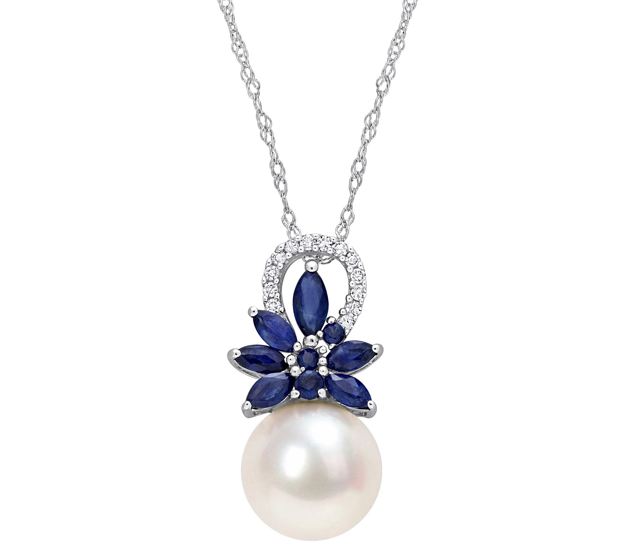 Bellini Pearl, Sapphire & Diamond Pendant w/ Ch in, 14K Gold