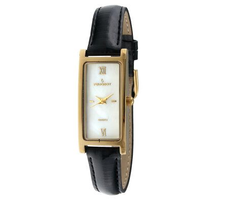 Peugeot Womens Goldtone Black Leather Strap Wa tch