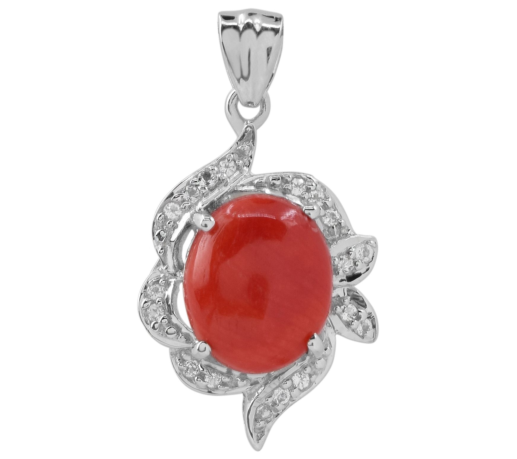 Sterling Silver Red Bamboo Coral & White T opaz Pendant