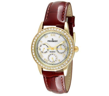 Peugeot Womens Goldtone Crystals Brown Leathe r Strap Watch