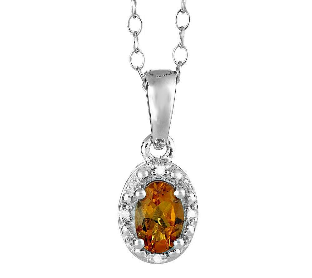 Sterling Oval Gemstone Pendant w/ Diamond Accen t & Chain