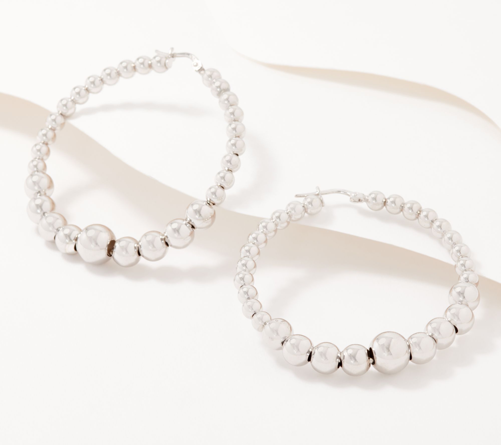 Italian Silver 2 Graduated Polished Bead Hoop Earrings