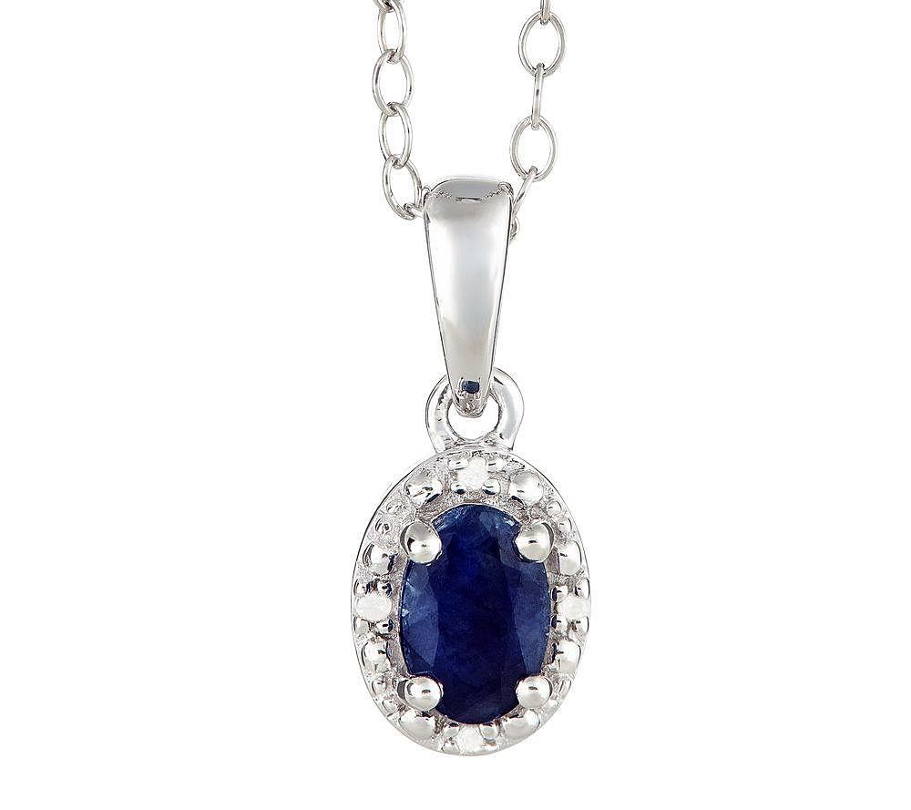 Sterling Oval Gemstone Pendant with Diamond Acc ent & Chain