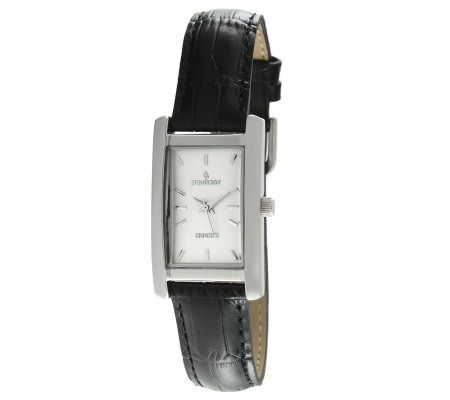 Peugeot Womens Silvertone Black Leather Strap Watch