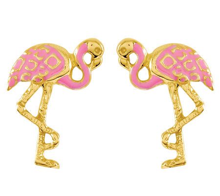 Pink Flamingo Stud Earrings, 14K Gold