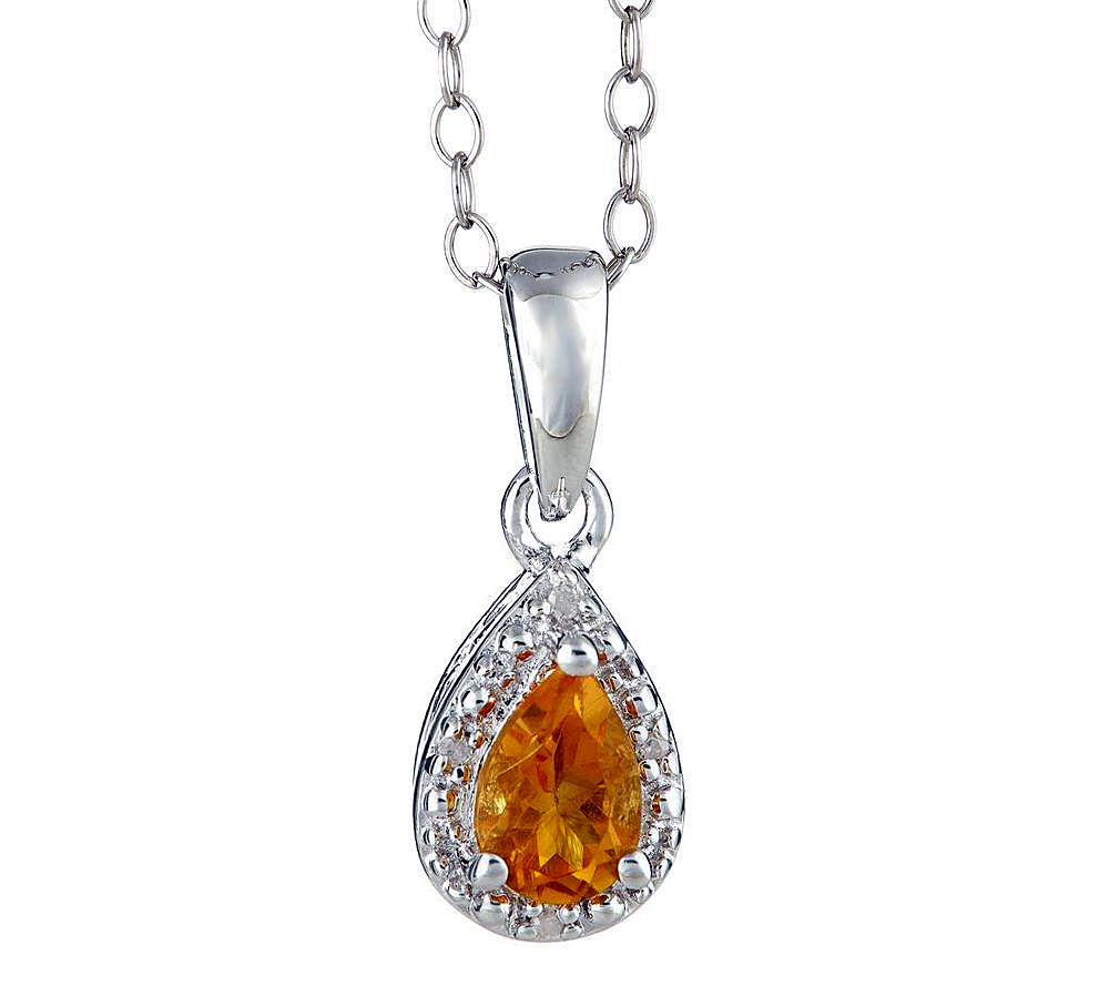 Sterling Pear Gemstone Pendant w/ Diamond Accen t & Chain