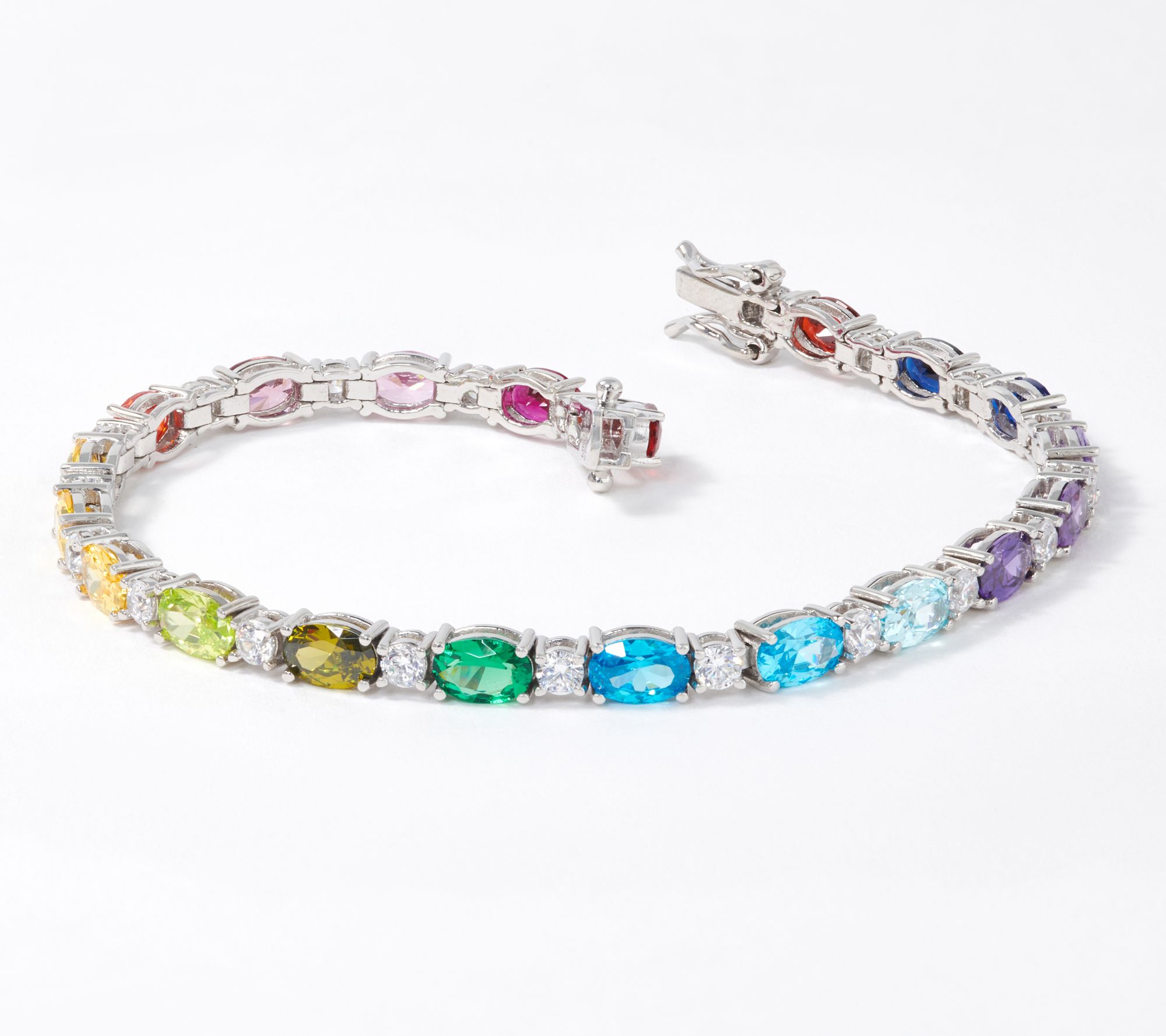 Diamonique Oval Cut Rainbow Tennis Bracelet, Platinum Clad