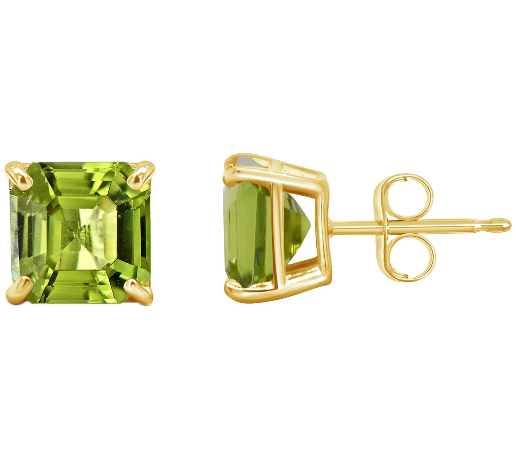 Asscher Cut Gemstone Stud Earrings, 14K Gold