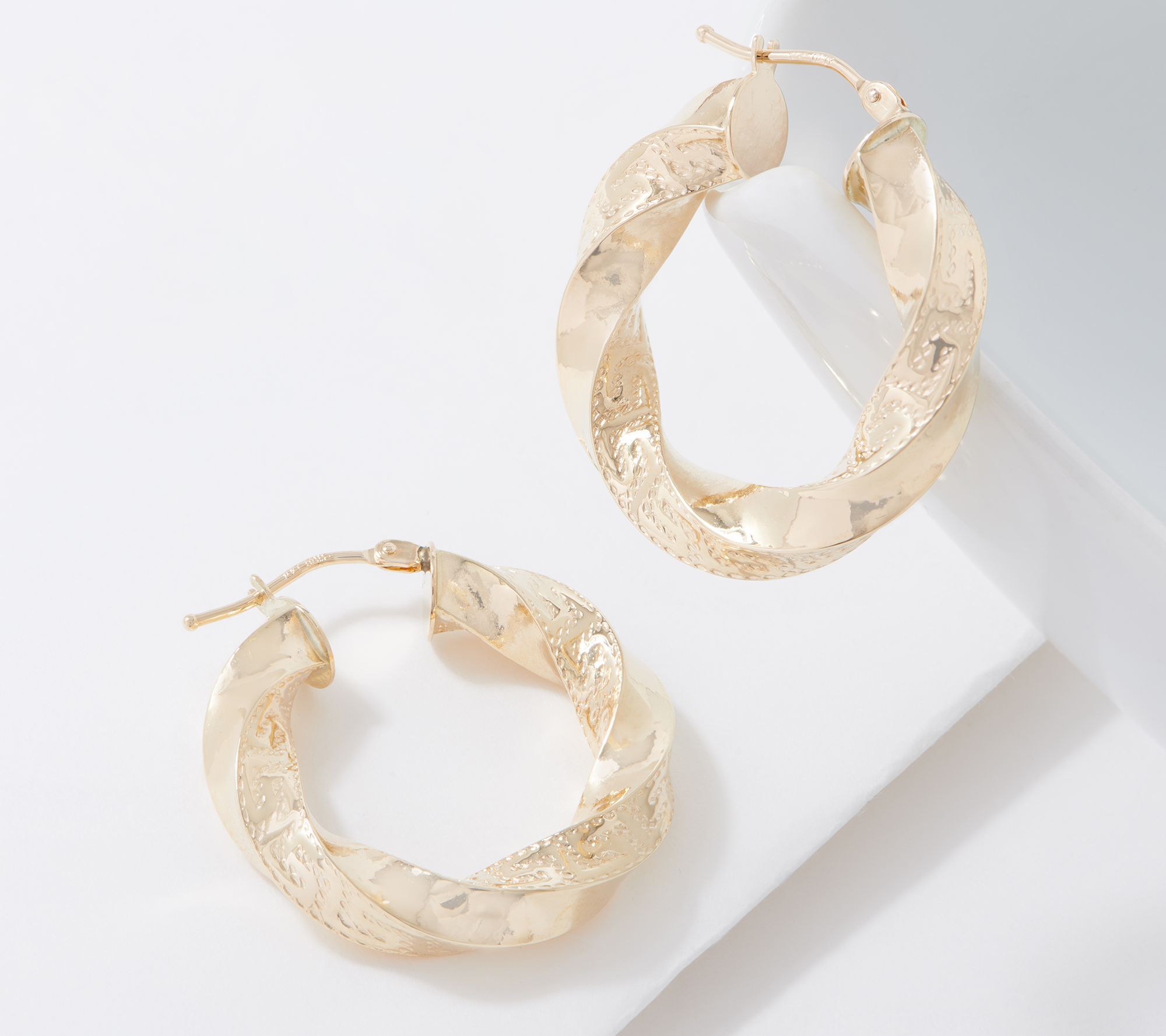 Italian Gold 1 Twisted Greek Key Hoop Earrings 14K Gold