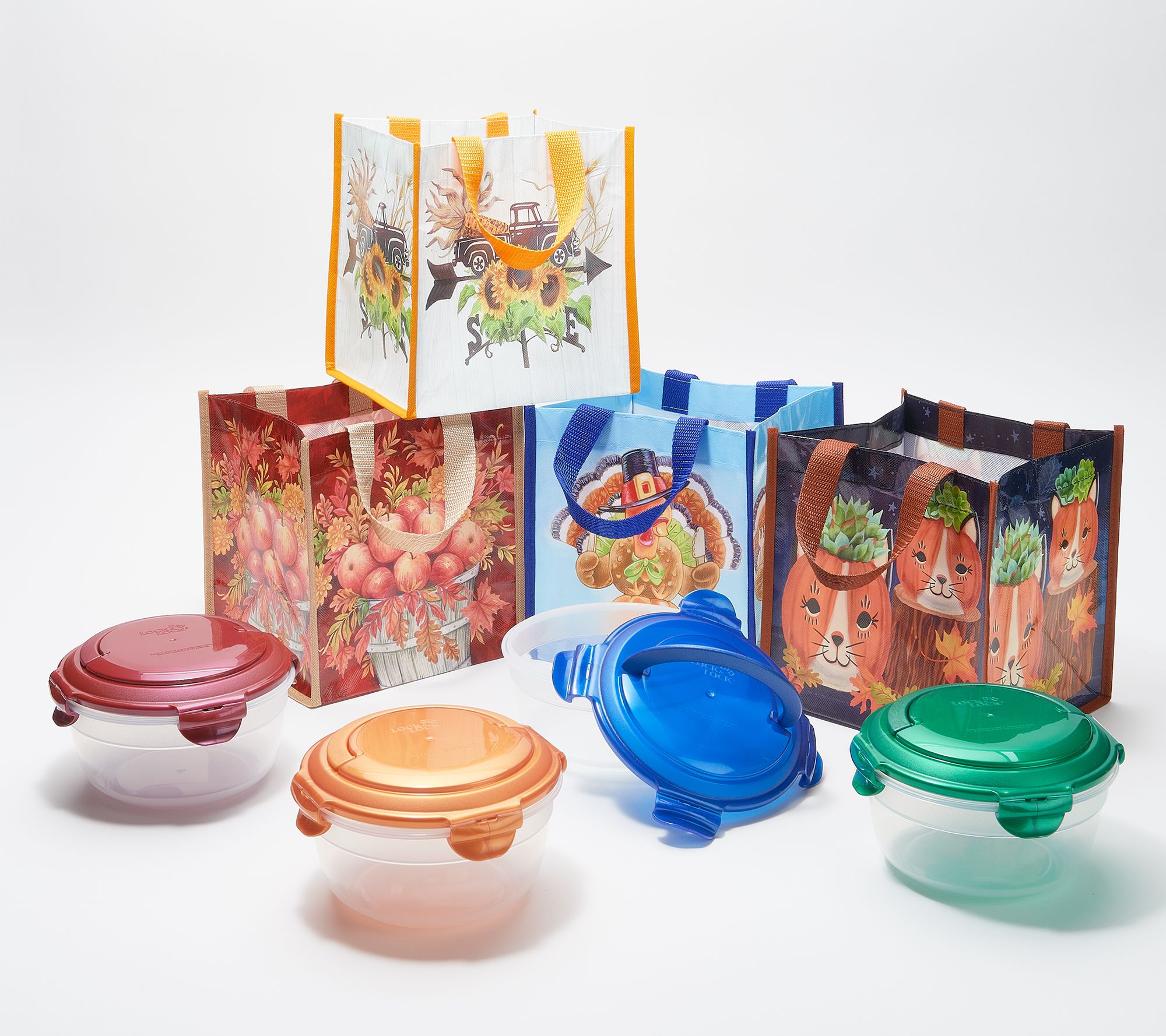 LocknLock Set of (4) 5Cup Bowls w/ Handles & Seasonal Bags