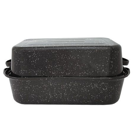 Granite Ware 25 lb. Enamelware Oven Rectangular Roaster with lid. Capacity 19.5 in (Speckled Black). Dishwasher Safe. Easy to Clean.