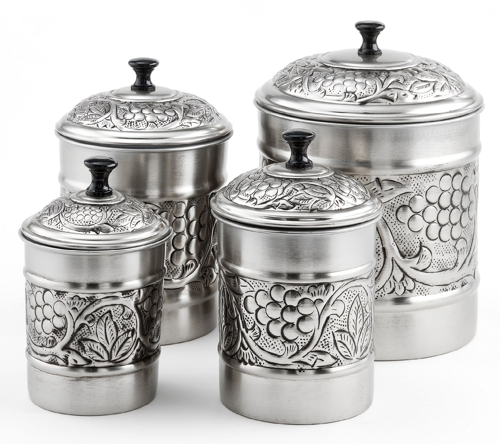 4 Piece Antique Pewter Embossed "Heritage" Canister Set