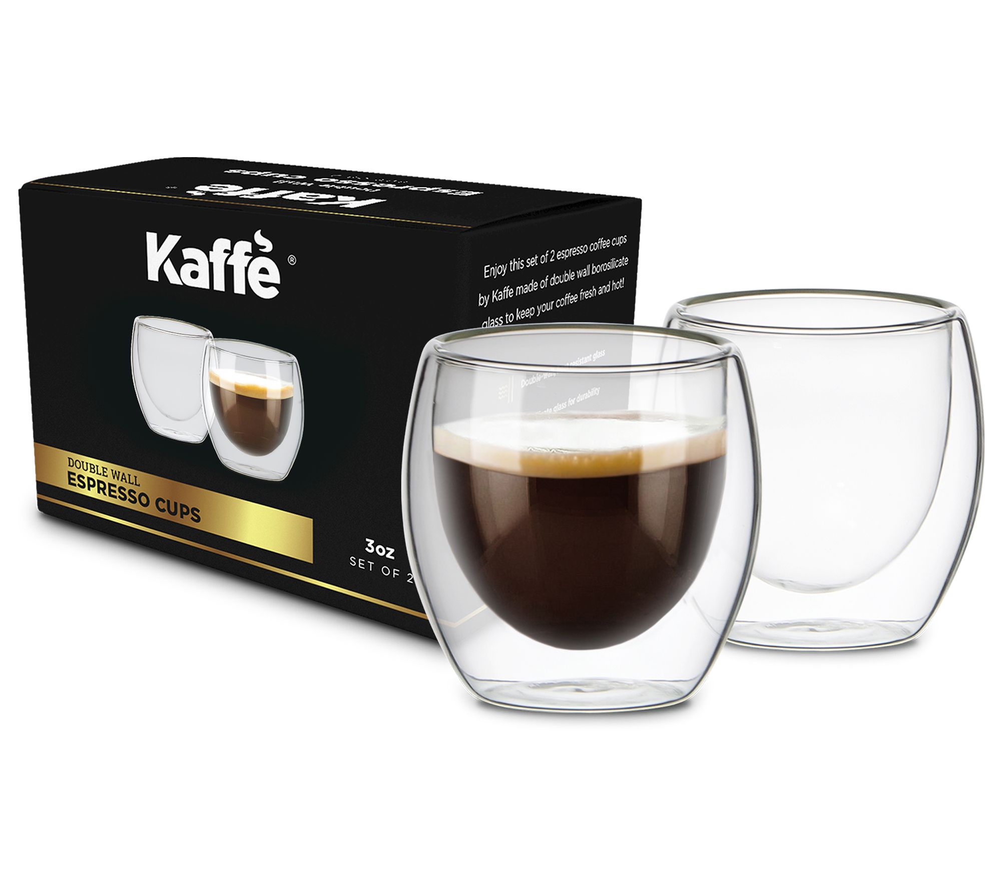 Kaffe Set of (2) 3oz Double-Wall Glass Espresso Cups