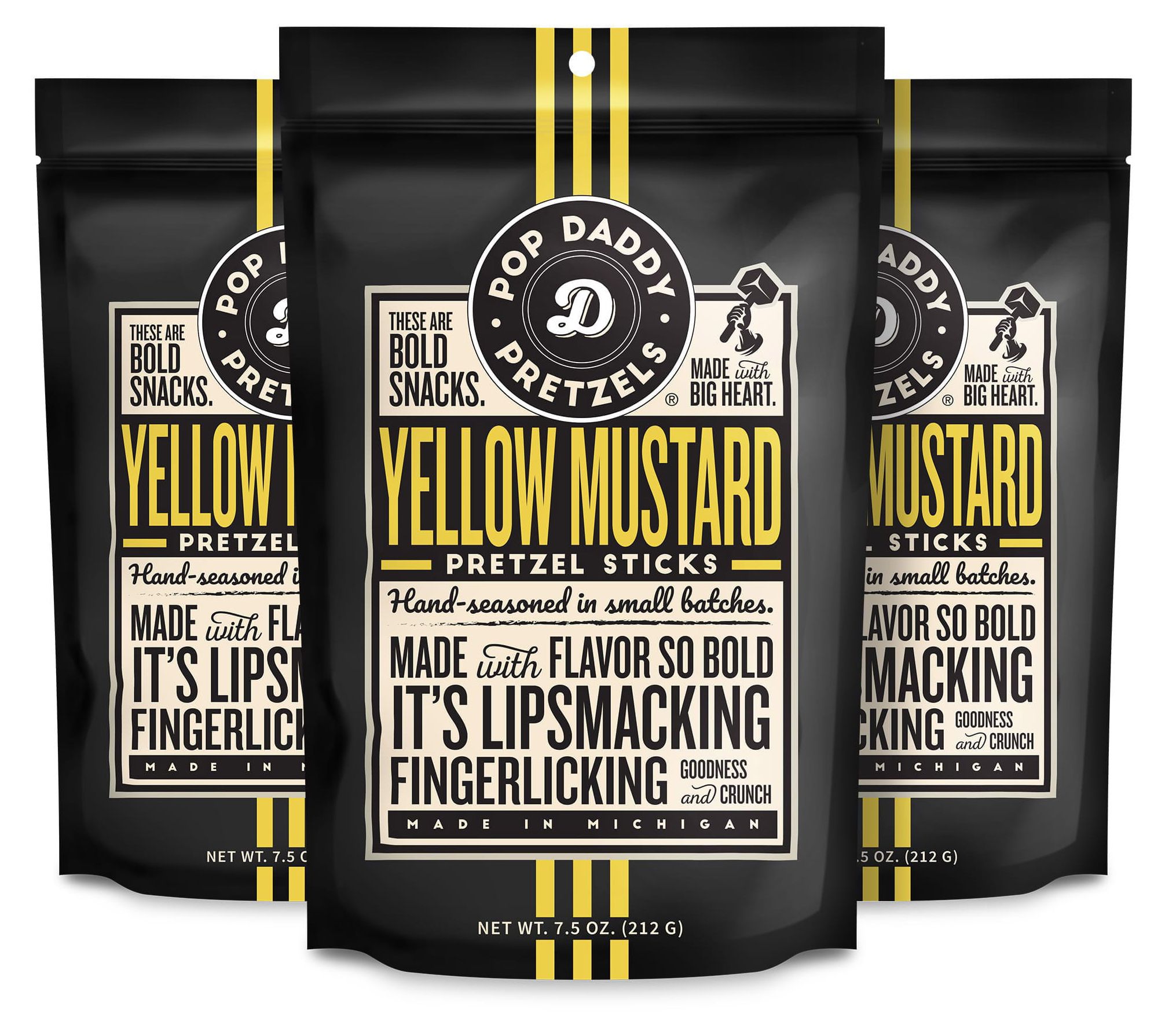 Pop Daddy (3) 7.5-oz Bags Yellow Mustard Gourme t Pretzels