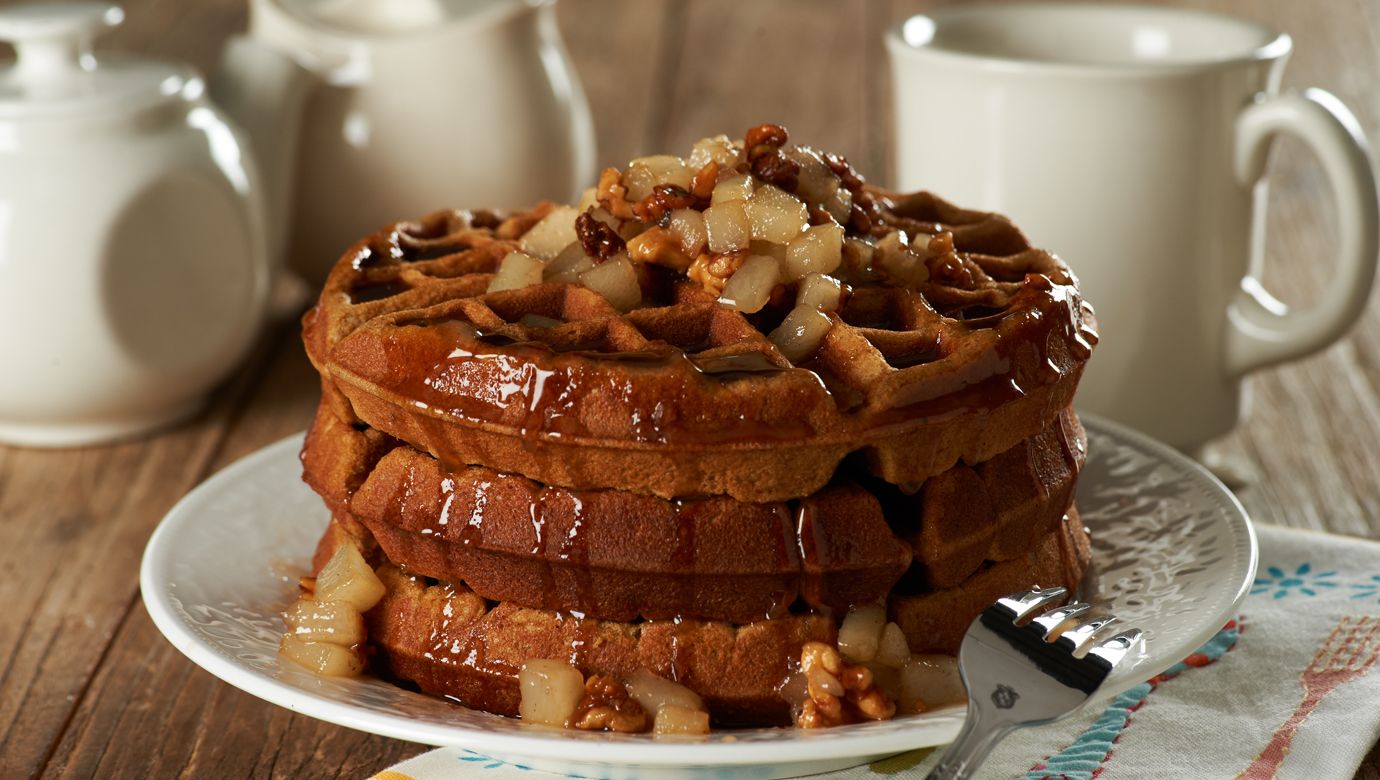Gingerbread Waffles with a Pear-Walnut Compote