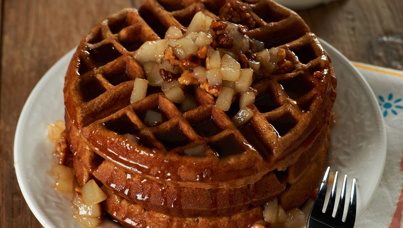 Gingerbread Waffles with a Pear-Walnut Compote