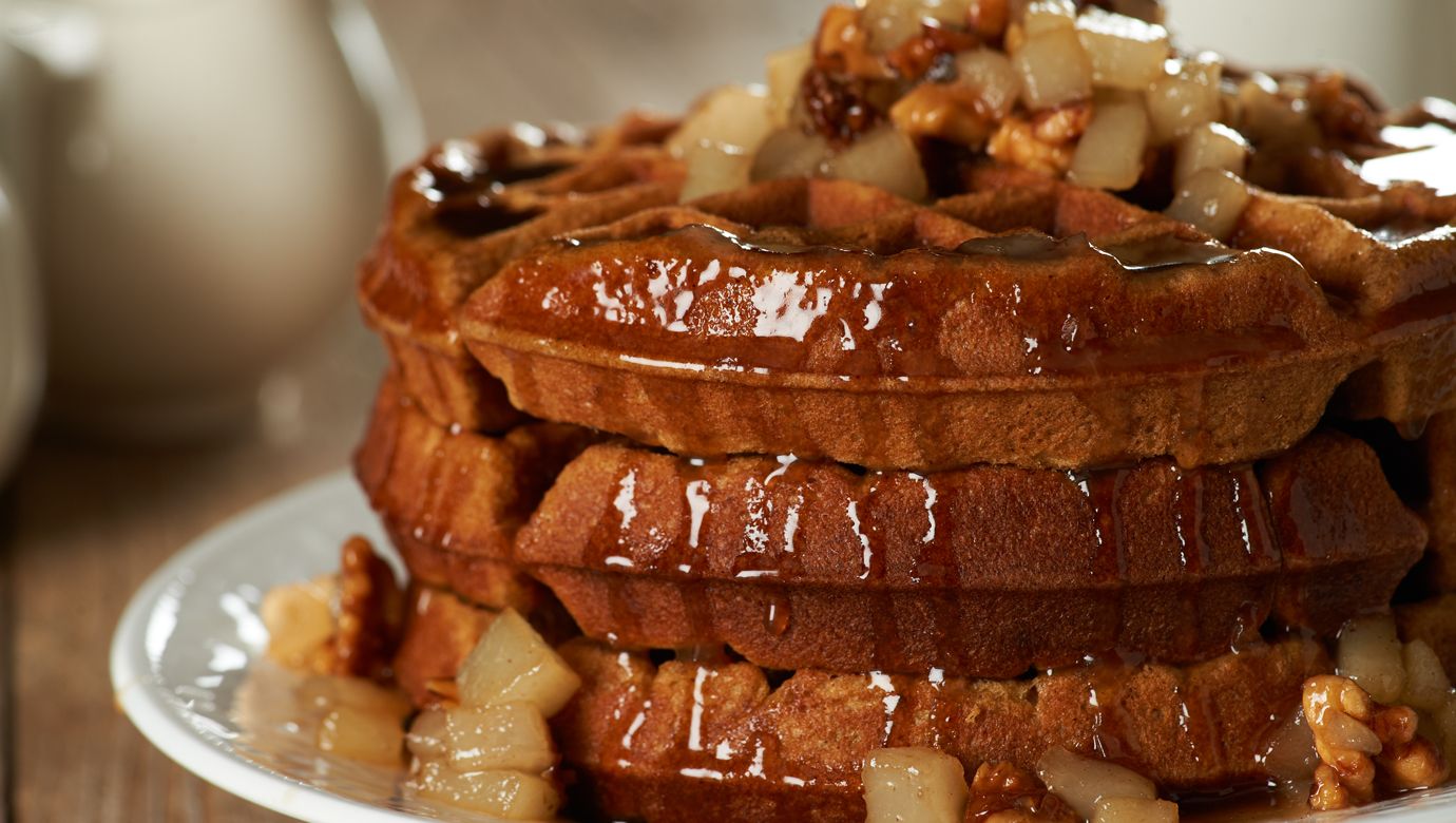 Gingerbread Waffles with a Pear-Walnut Compote