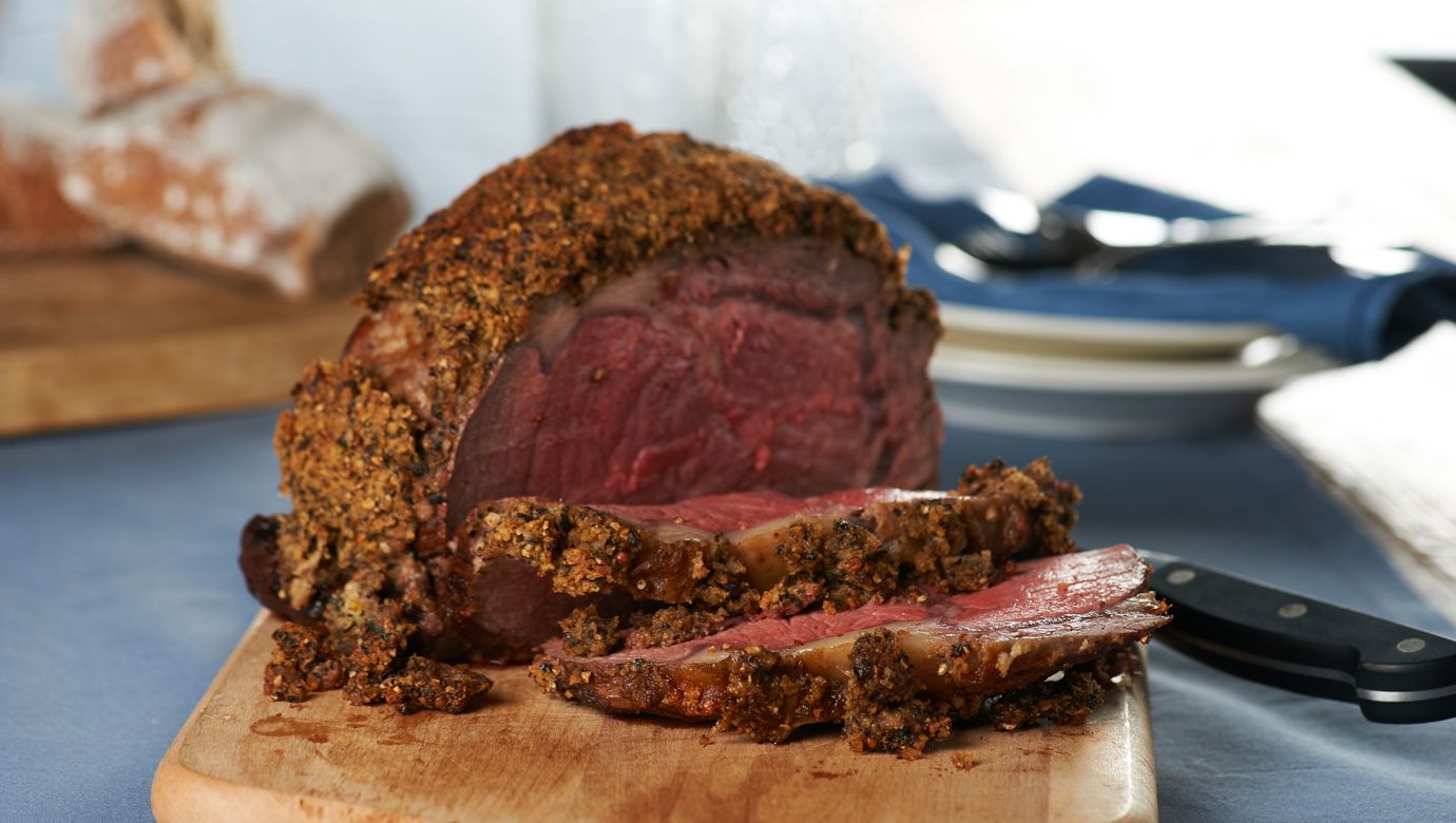 Prime Rib with a Peppercorn & Roasted Garlic Crust