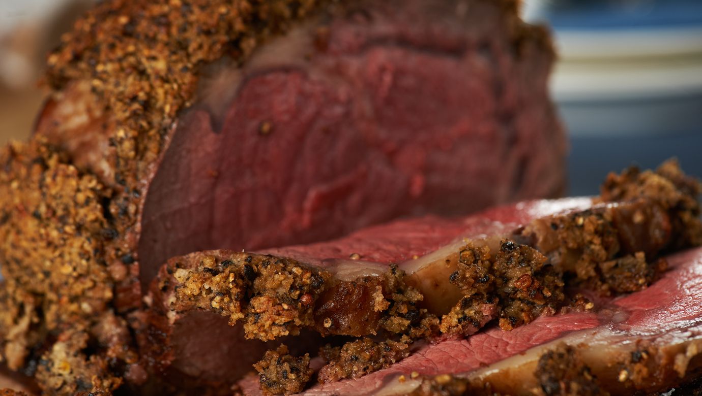 Prime Rib with a Peppercorn & Roasted Garlic Crust