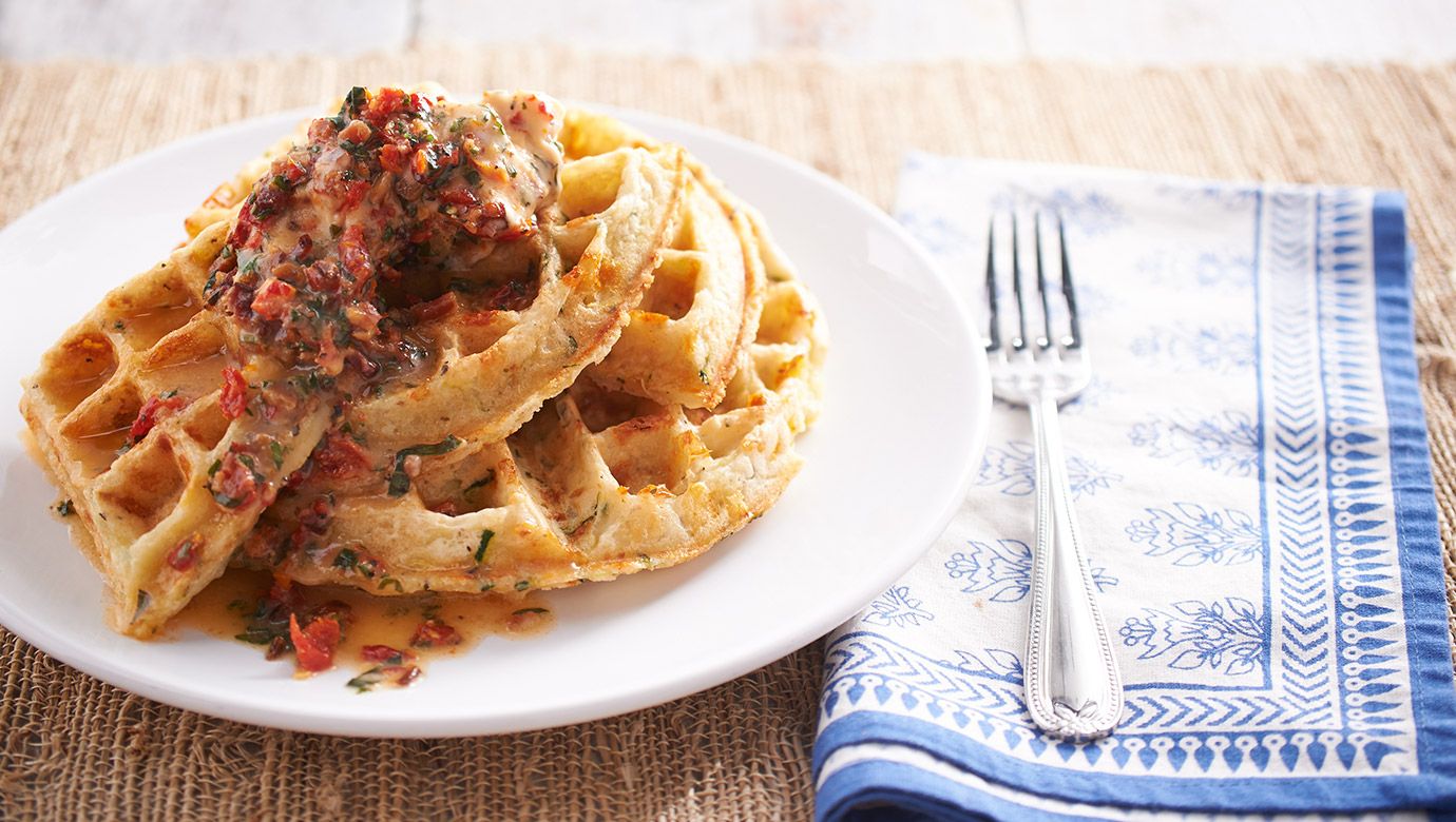 Zucchini-Cheddar Waffle with Bacon Butter
