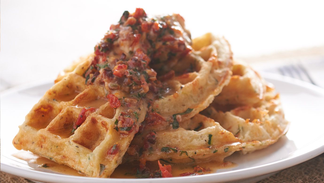 Zucchini-Cheddar Waffle with Bacon Butter