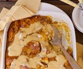 Pumpkin Bread Pudding with Hot Buttered Rum Sauce