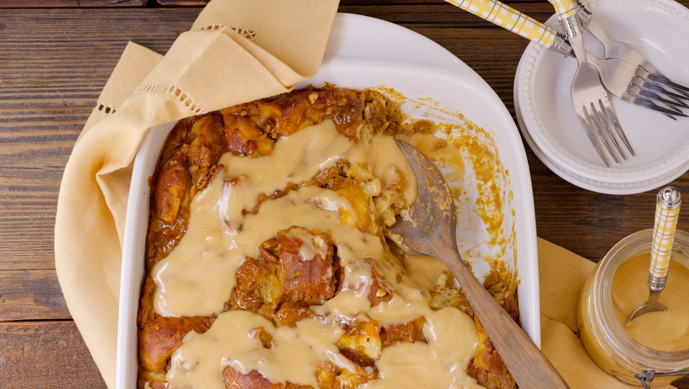 Pumpkin Bread Pudding with Hot Buttered Rum Sauce