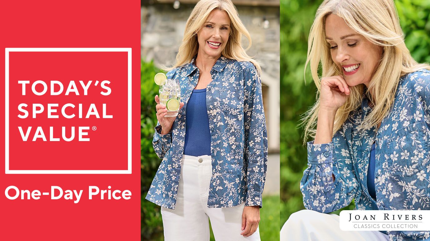 Joan Rivers Cotton Chambray Floral Classic Button Front Shirt