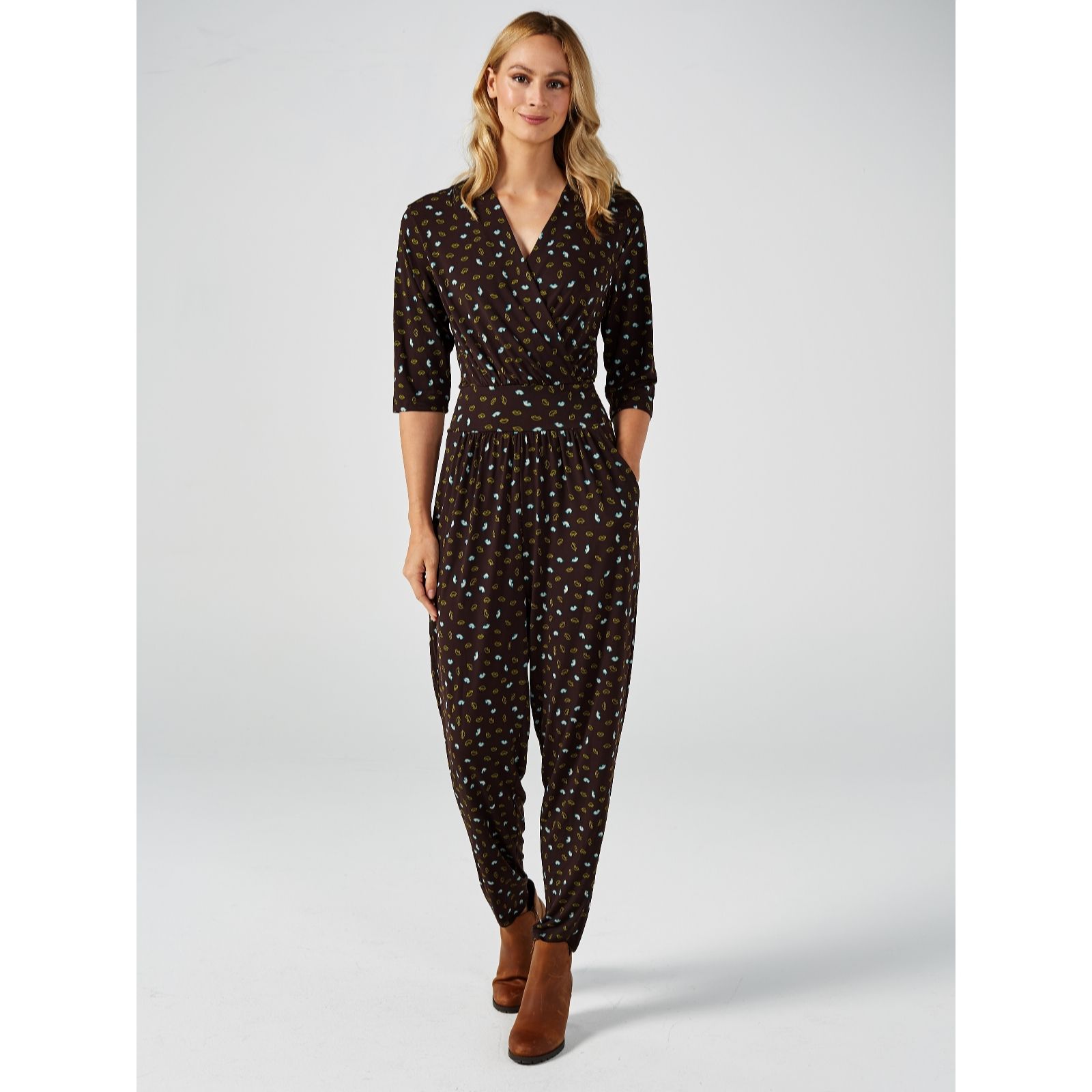 Kim & Co Brazil Jersey Lips Print 3/4 Sleeve Crossover Jumpsuit QVC UK