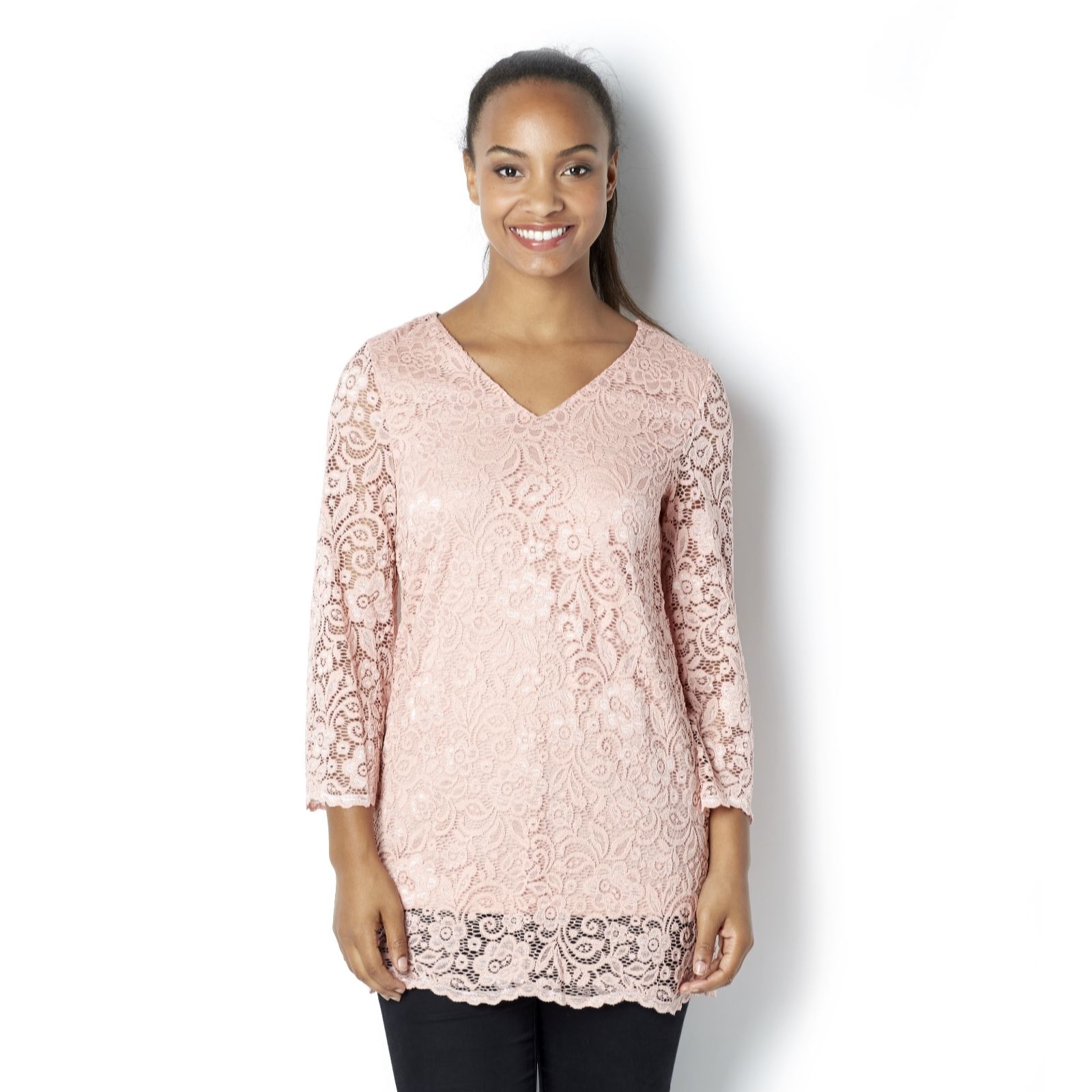 3/4 Sleeve Lace Tunic by Nina Leonard Page 1 QVC UK