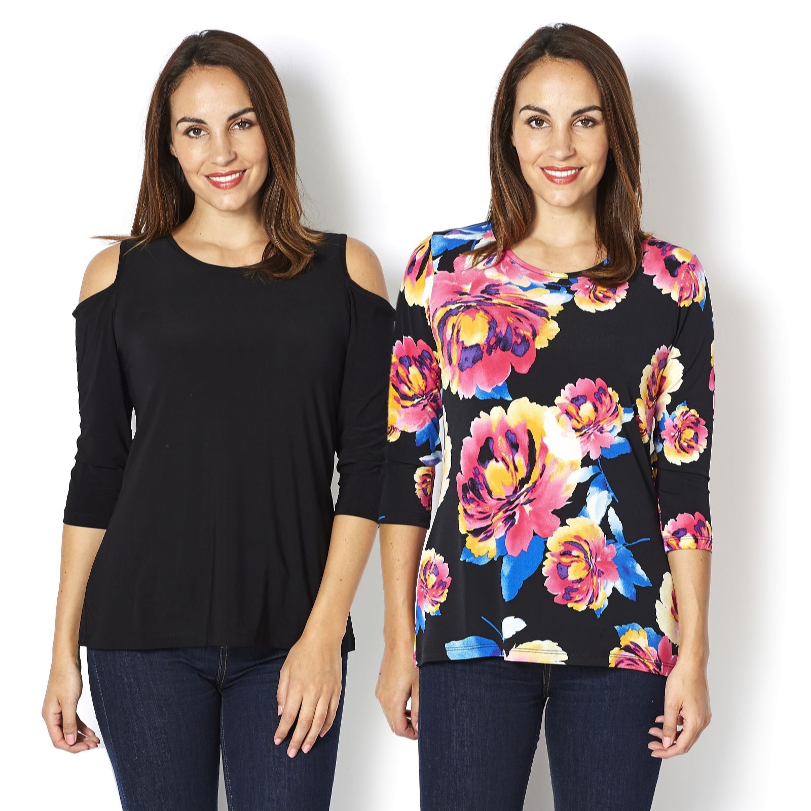 2 Pack of Tops Printed Top & Cold Shoulder Top by Nina Leonard - QVC UK