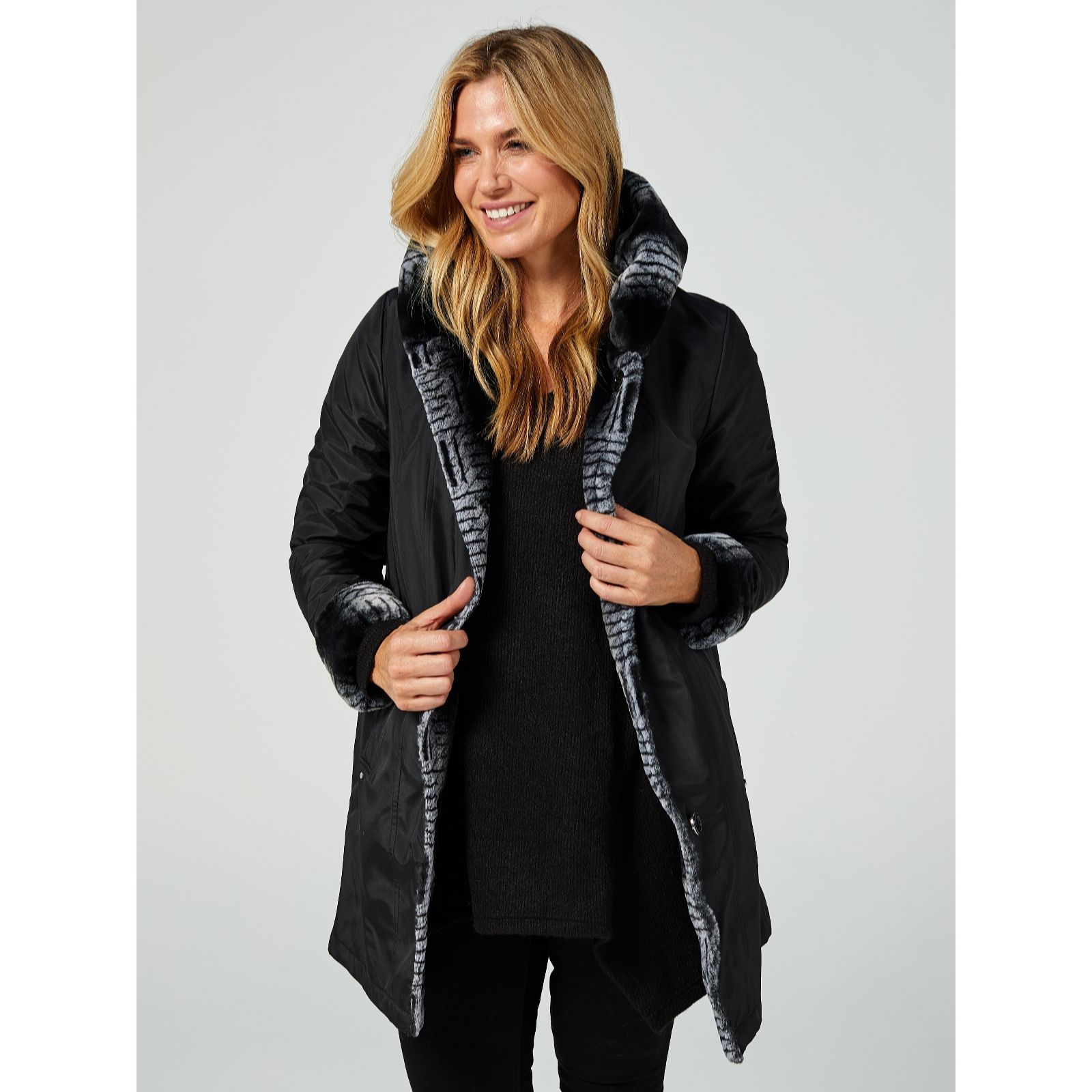 reversible faux fur hooded coat