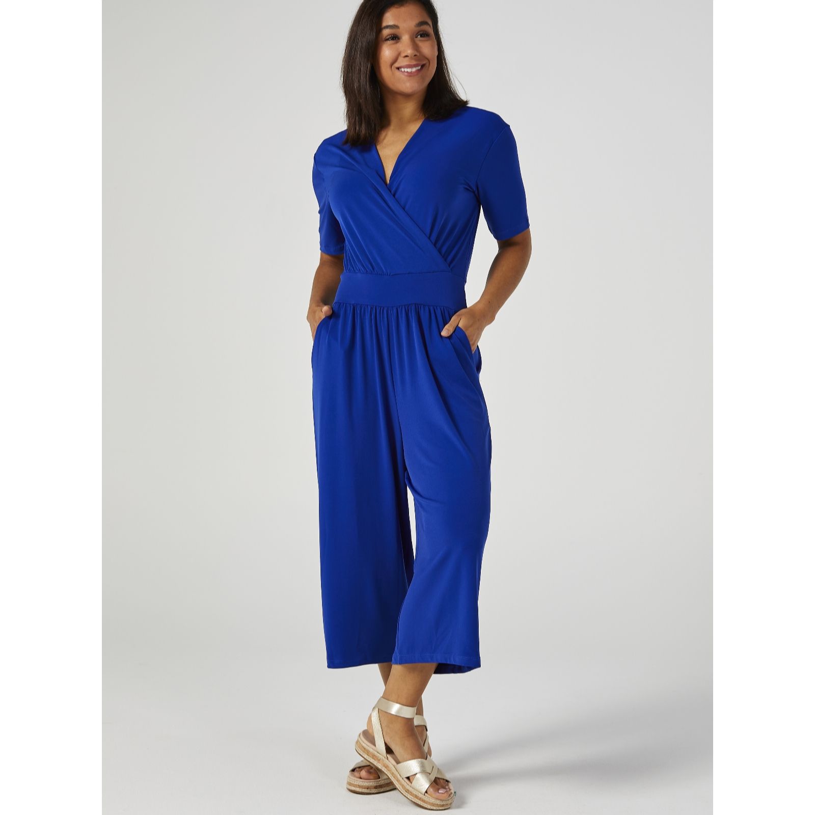 Kim Co Brazil Jersey Elbow Sleeve Gaucho Jumpsuit Qvc Uk