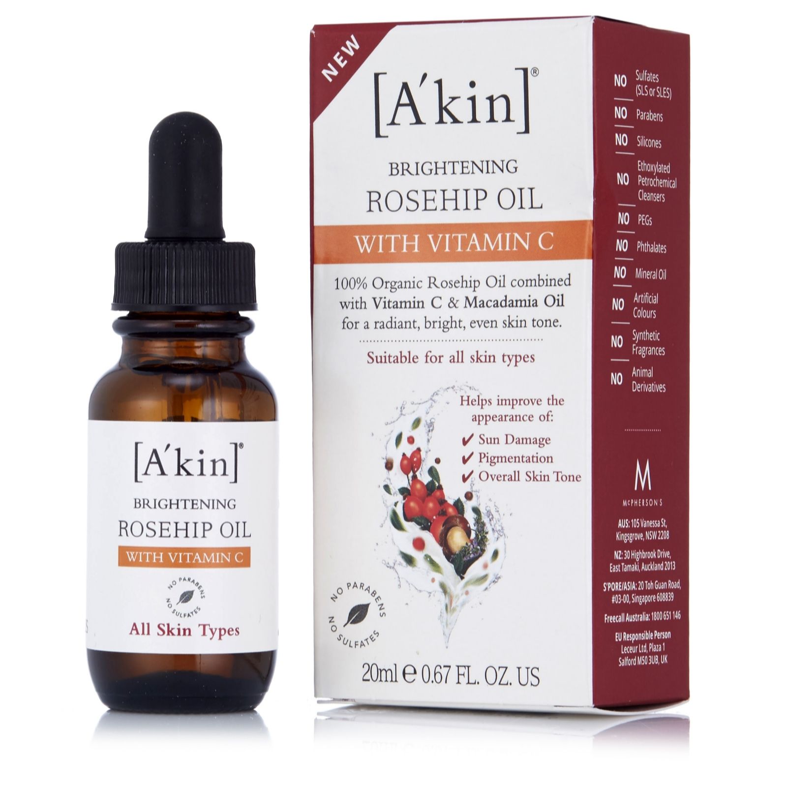 A'kin Brightening Rosehip Oil With Vitamin C 20ml QVC UK